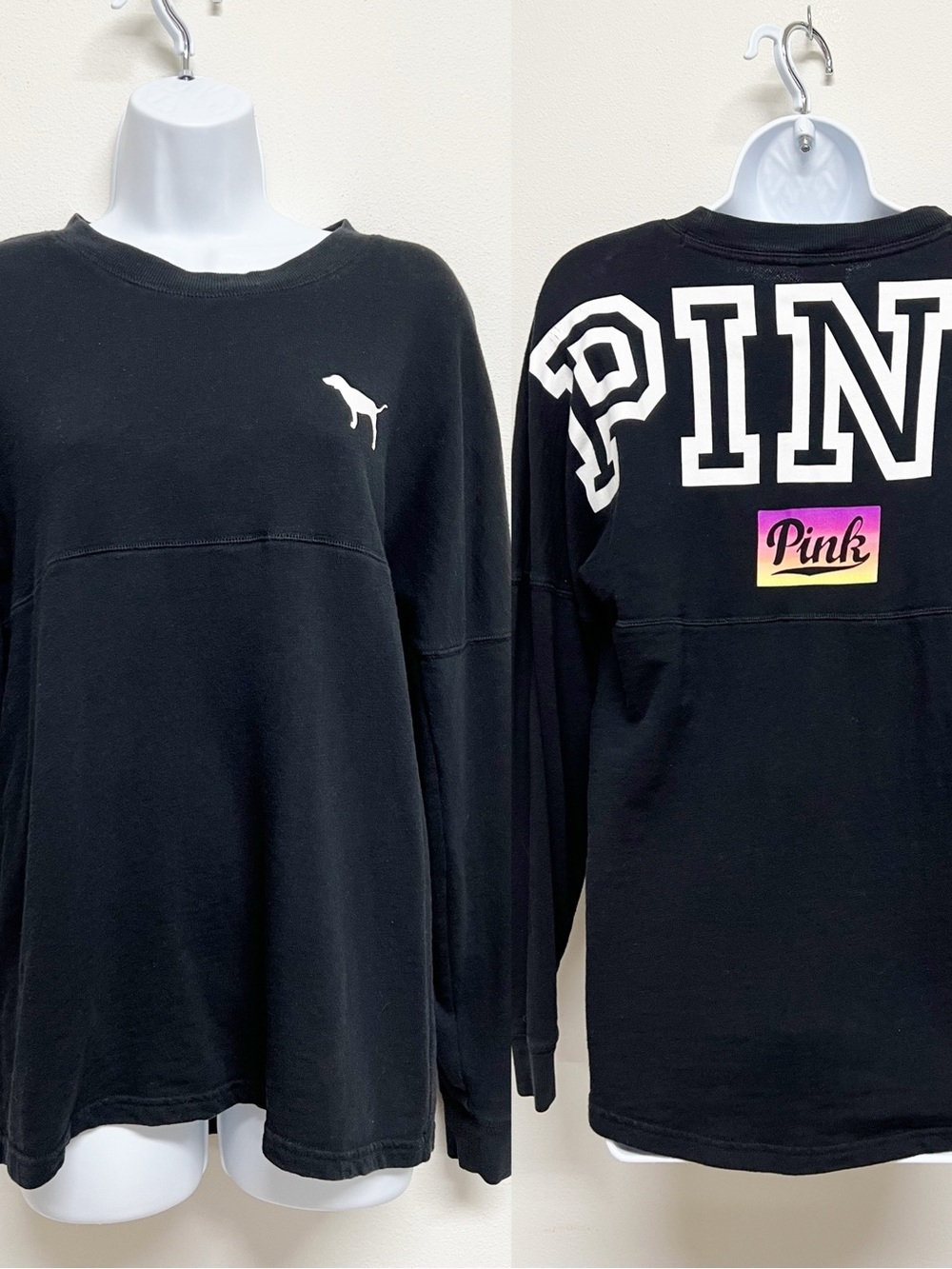 PINK Victorias Secret Womens Black Colorful Neon Print Long Sleeve Pull Over